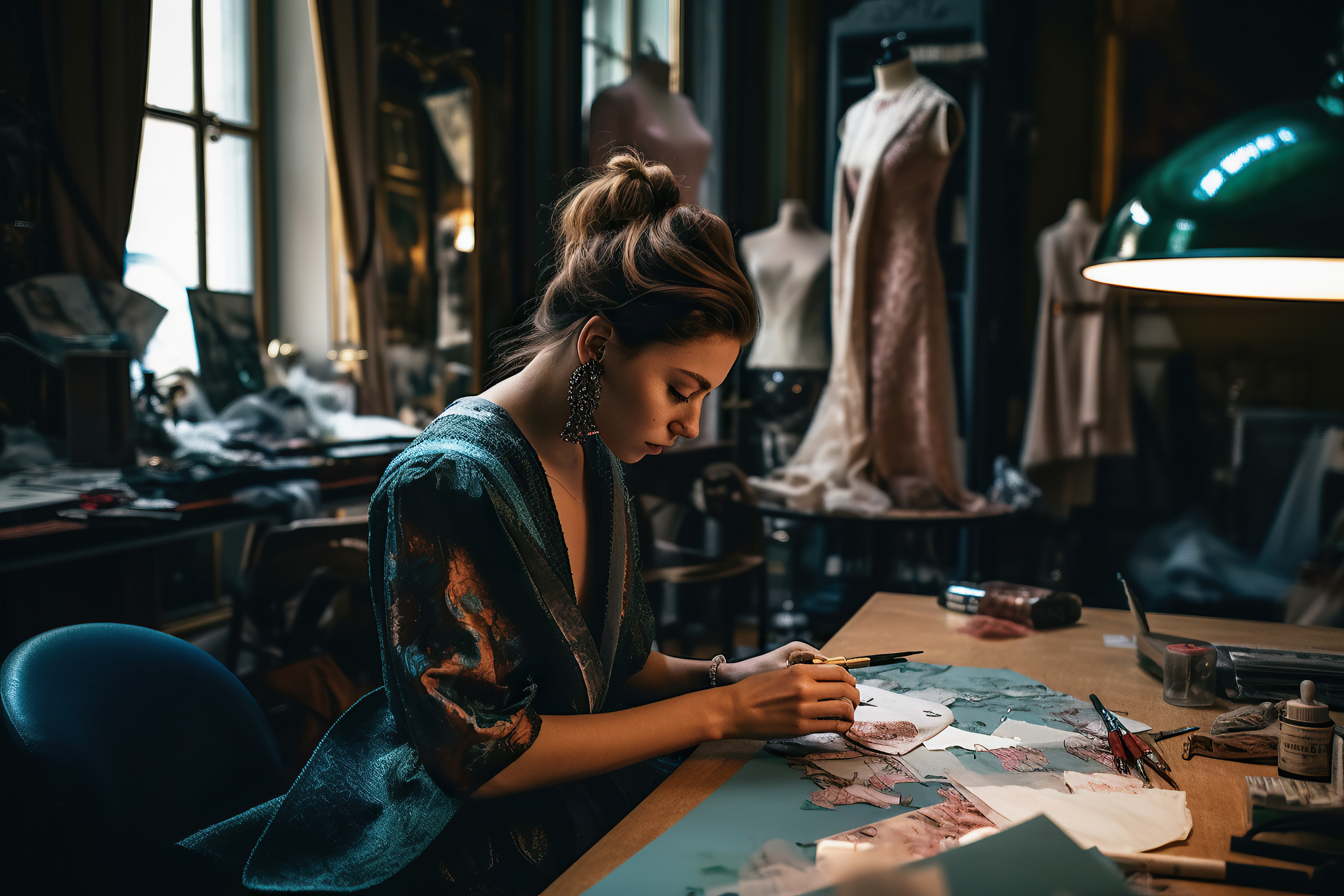Accomplished fashion designer sketching out new designs in her atelier