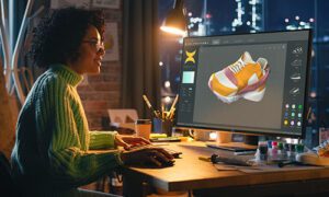 shoe designer designing sneaker 3D model on screen