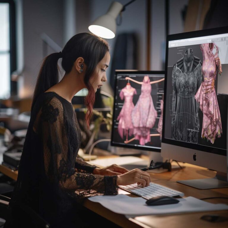 young girl fashion designer with 3D models on screens