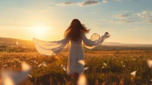 a young pretty woman with long brown hair in a long white dress is walking through a field in the evening