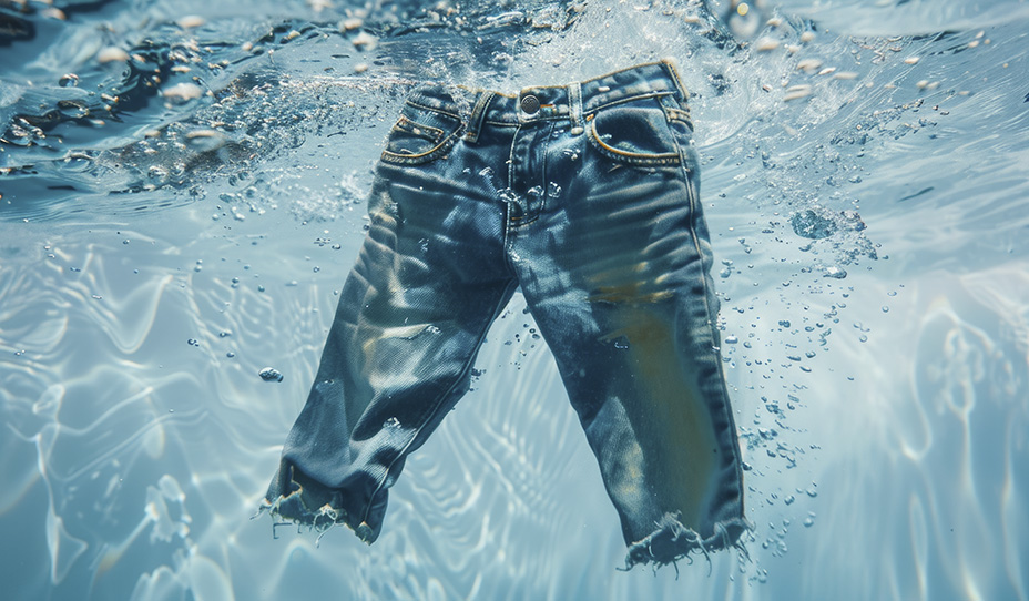 Jean shorts floating in water - denim dye technology