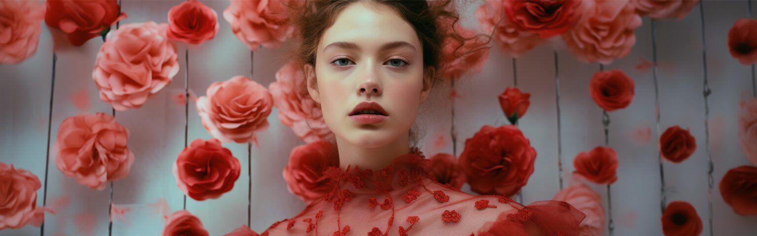 fashionable woman with pink flowers