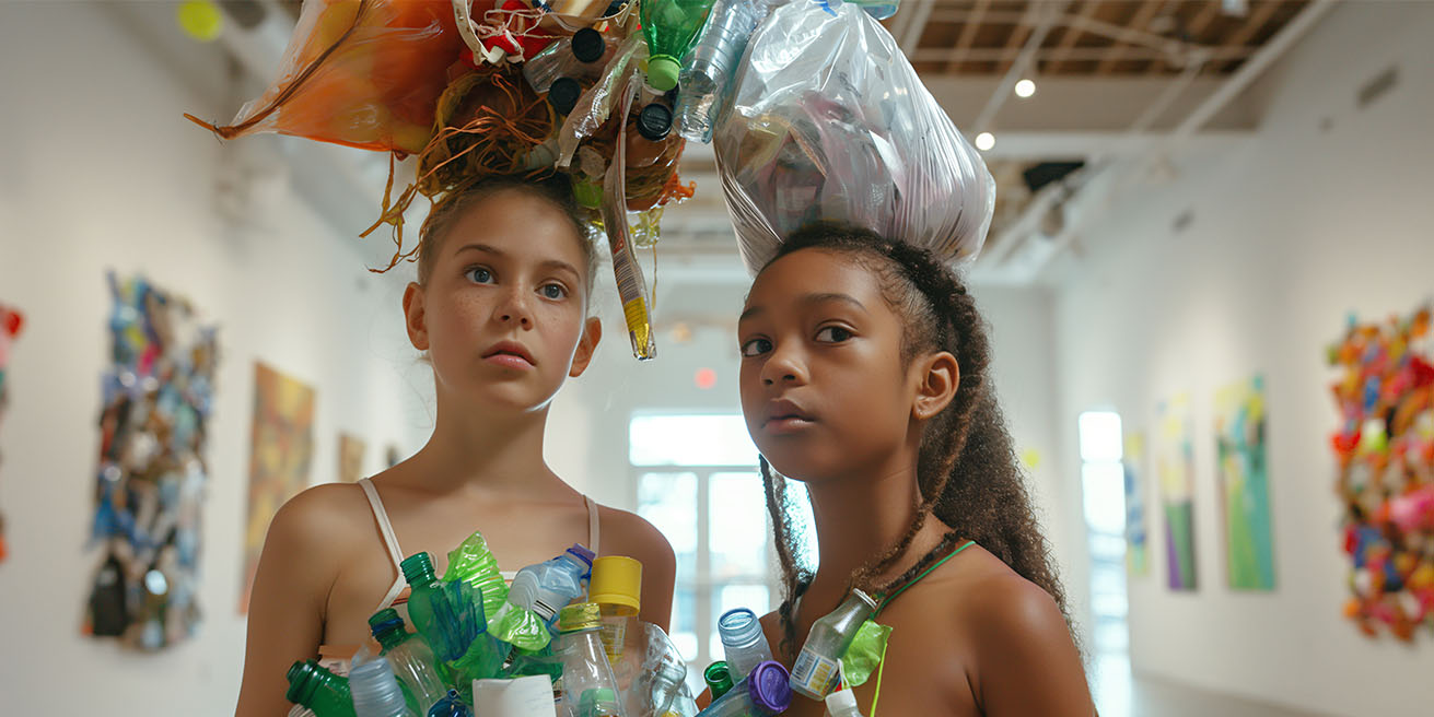 Two women in recycled bottle costumes