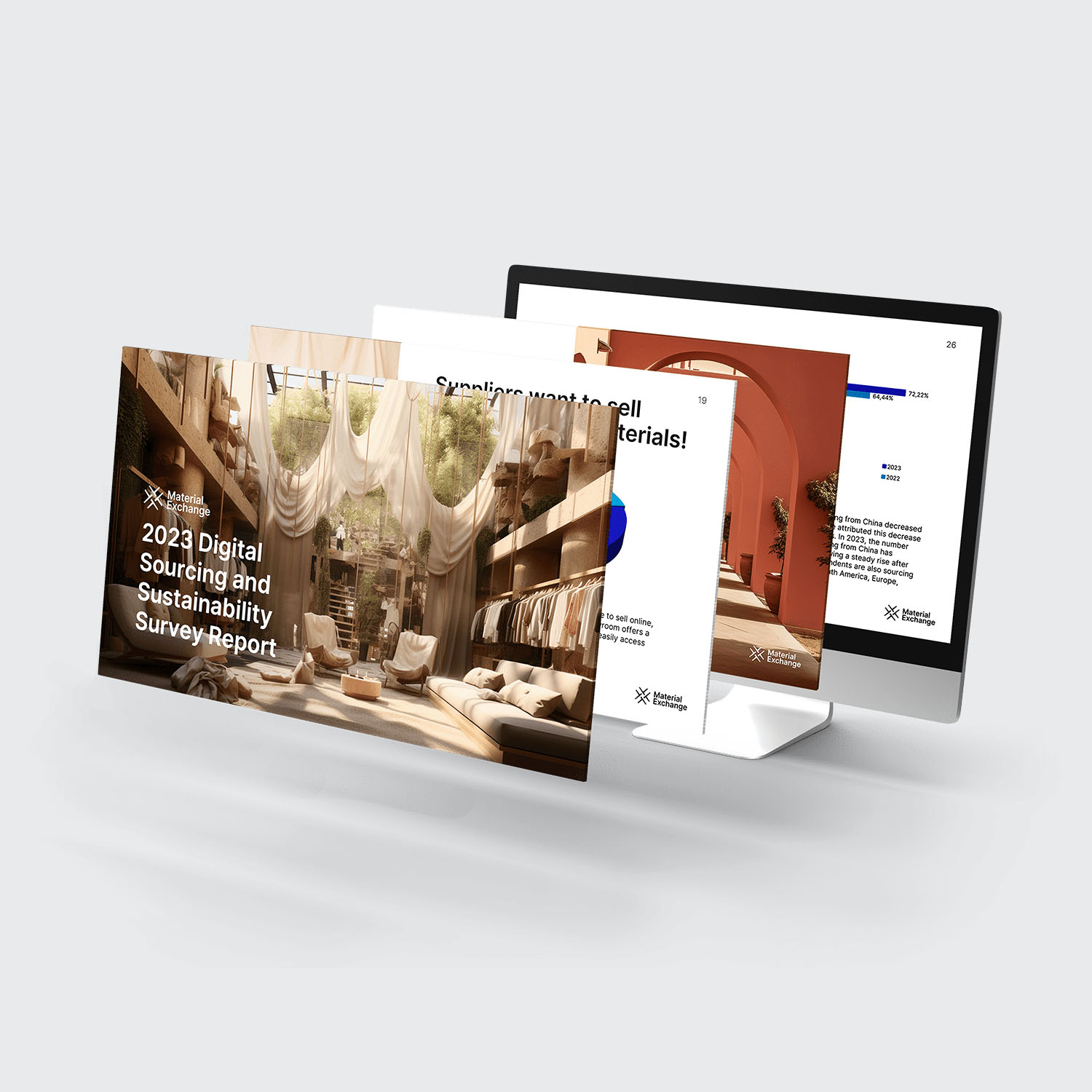 Digital Sourcing and Sustainability Survey Report​ 2023 slides levitating from computer monitor