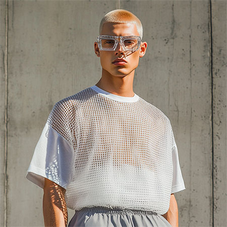 model in light colored shirt, engineered expression trend