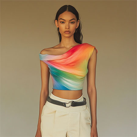 model in colorful top - muted modernism texworld trend