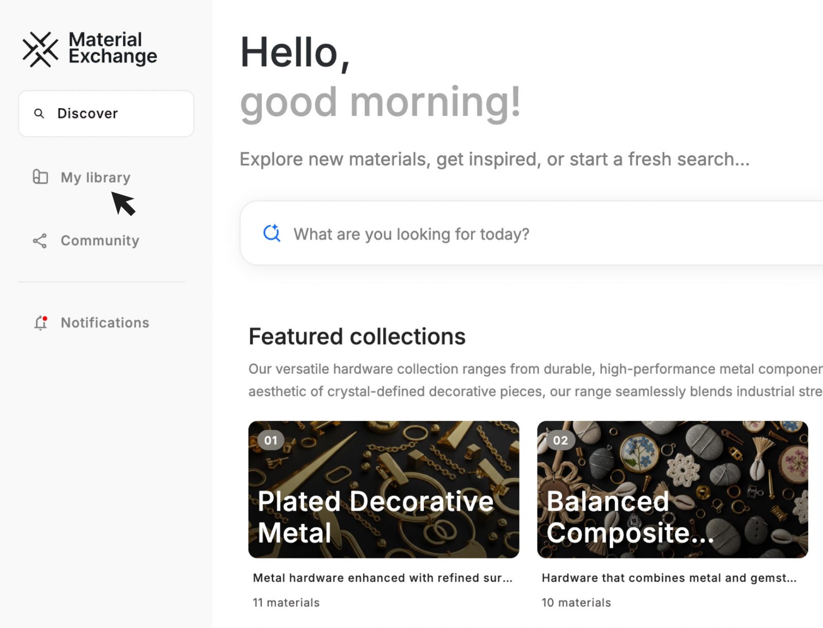 Material Exchange sourcing dashboard interface