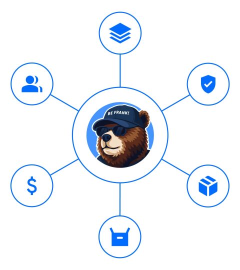 Connected sourcing workflow ecosystem graphic with Frank AI